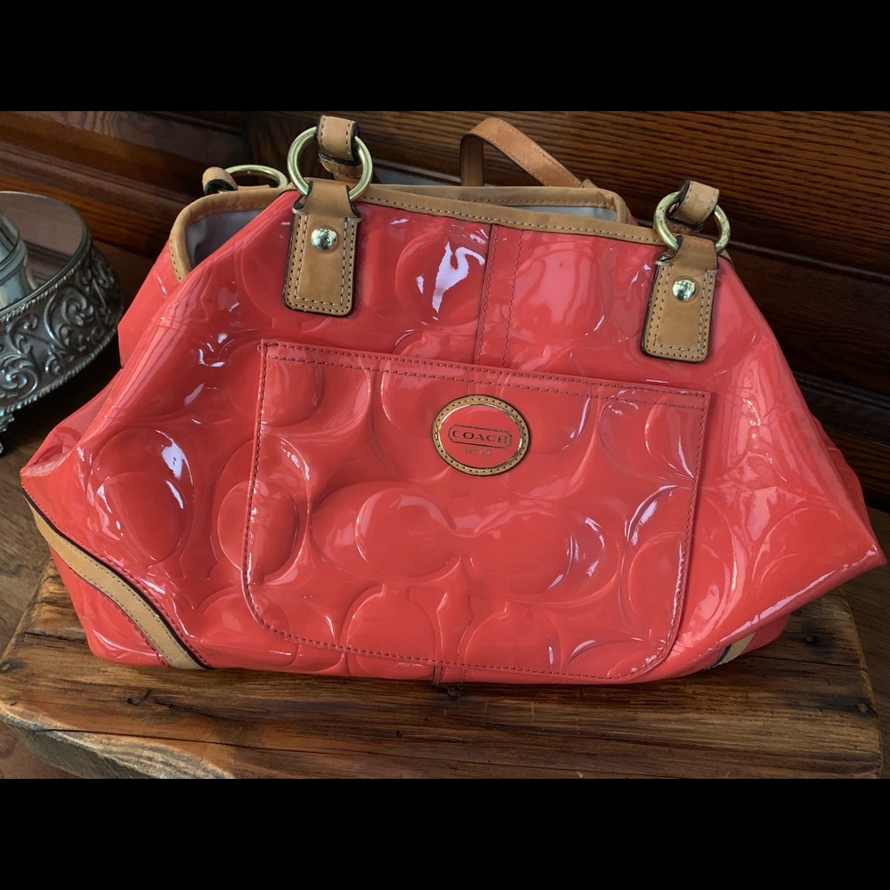 Authentic patent leather coral Coach handbag